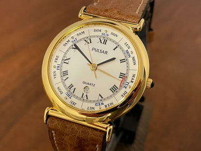 (2000) Pulsar V896-0010 dress watch - white dial w/ black Roman numerals & pointer day (mint)