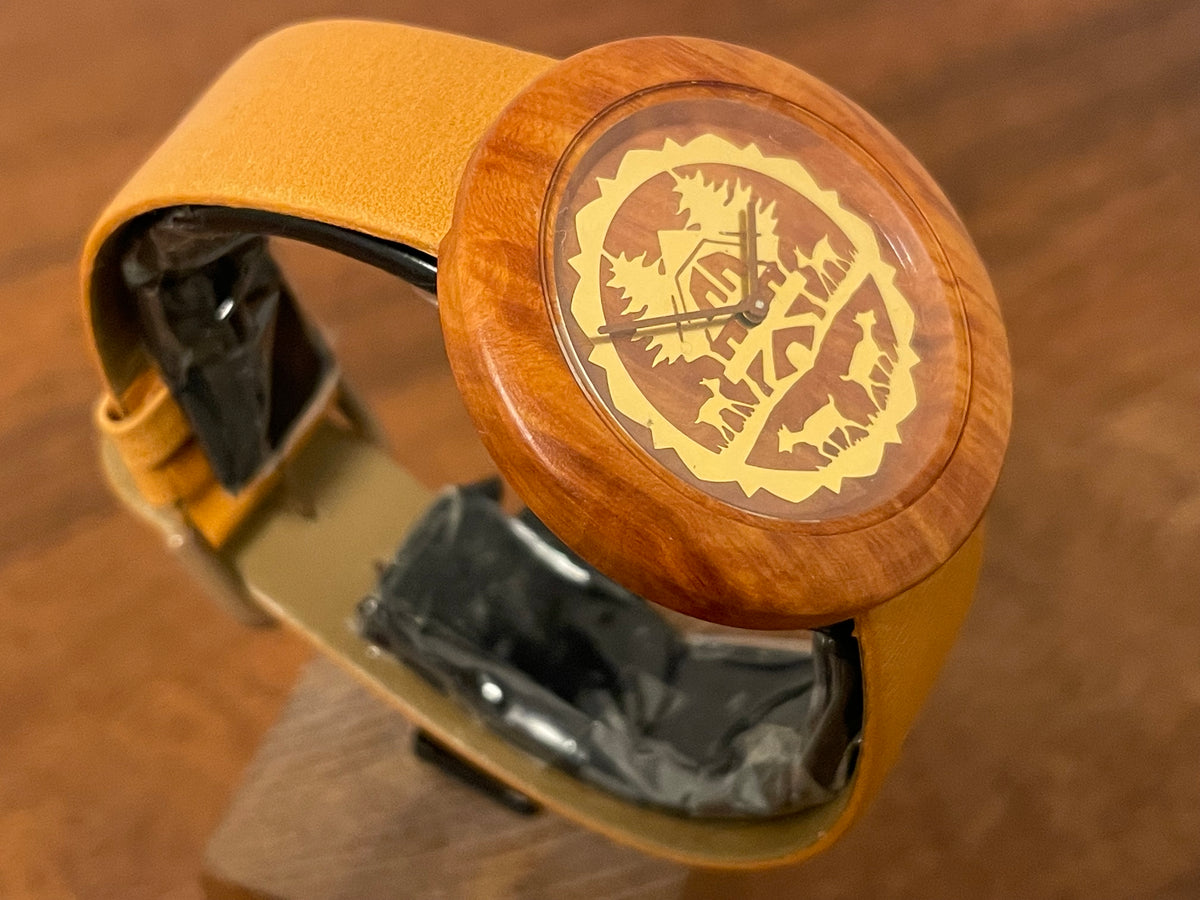 (1990s) Tissot WoodWatch W195 - Mediterranean Briar case & dial w/ gold colored inlay - forest cabin (NOS)