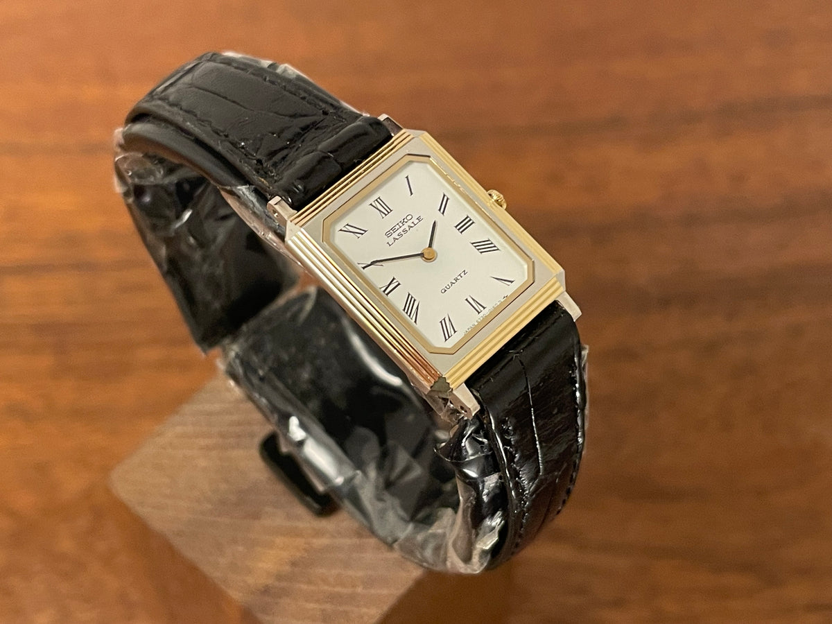 (1981) Seiko 6730-5079 Lassale ultra-thin "Tank" dress watch - white dial w/ black Roman numerals - small size (NOS)