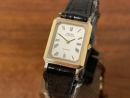 (1981) Seiko 6730-5079 Lassale ultra-thin "Tank" dress watch - white dial w/ black Roman numerals - small size (NOS)