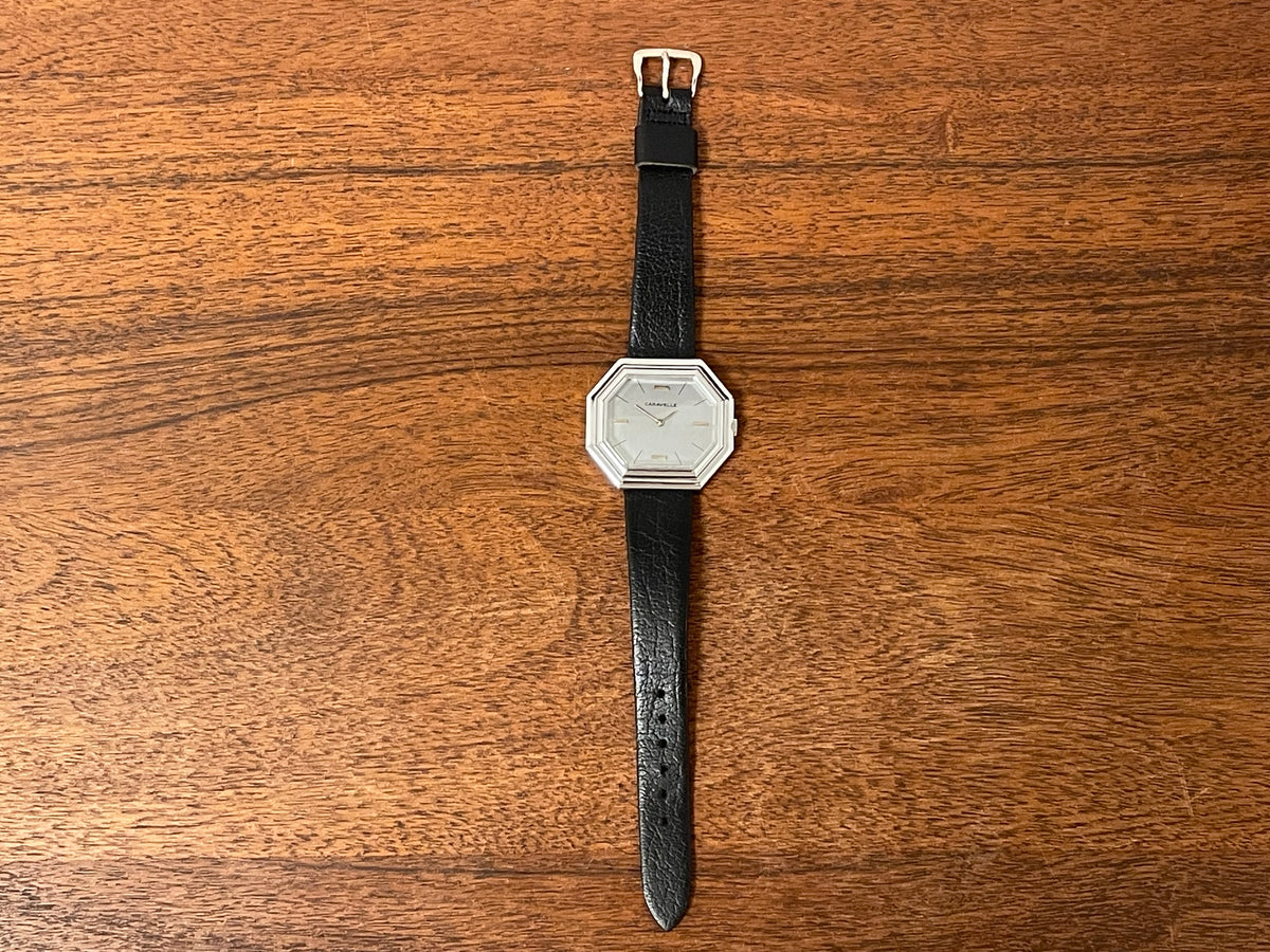 (1974) Caravelle dress watch - octagon case - brushed silver dial w/ stick markers (mint)