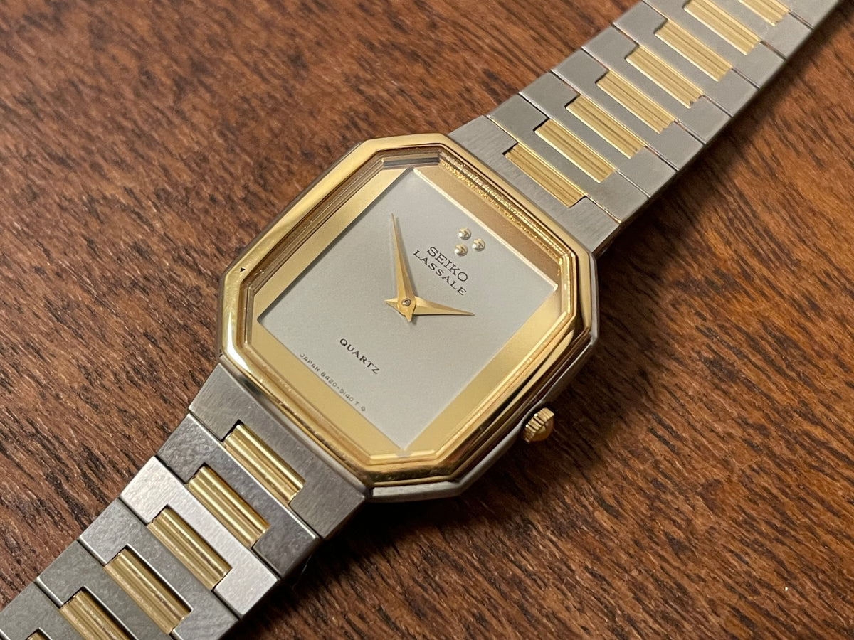 (1982) Seiko 8420-5129 Lassale dress watch - bi-color integrated bracelet & case - silver dial - small size (NOS)