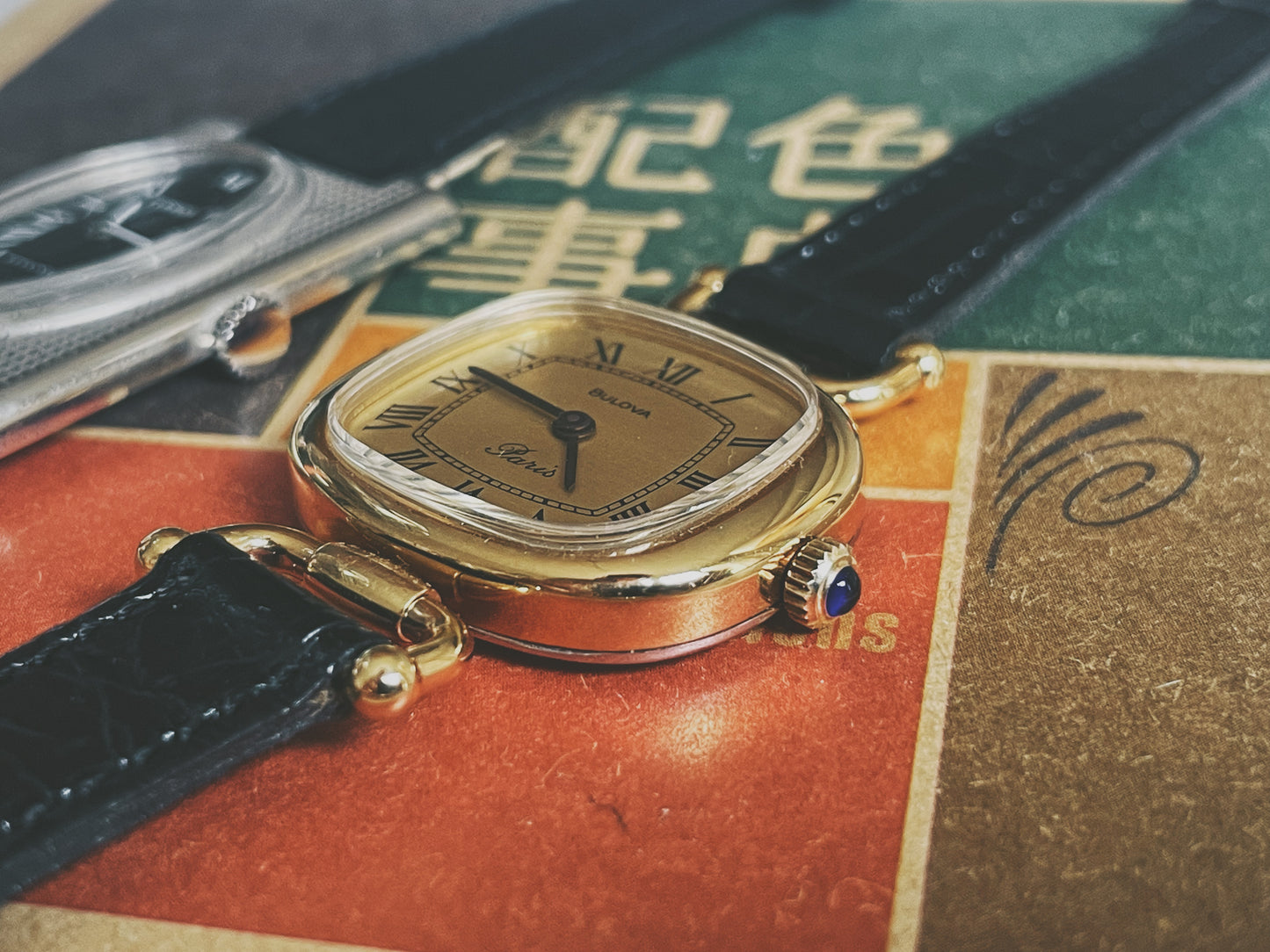 Side view of a Bulova Paris dress watch - cushion case