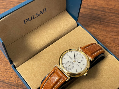(1998) Pulsar V254-0080 dress watch – white dial w/ Roman numerals, 24h subdial & small seconds (NOS)